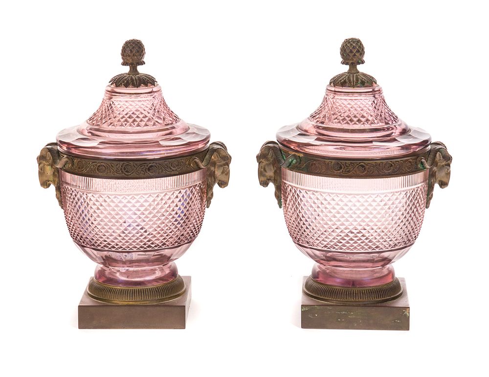 Appraisal: Pair of Amethyst Cut Glass Bronze Covered Urns Pair of