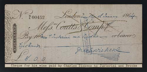 Appraisal: DICKENS CHARLES Check Accomplished and Signed to Justerini and Brooks