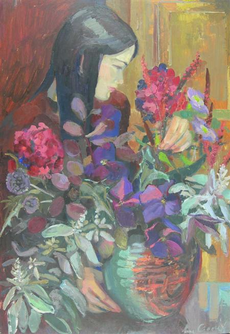 Appraisal: ANNE CARRICK SCOTTISH - GIRL ARRANGING FLOWERS Signed oil on