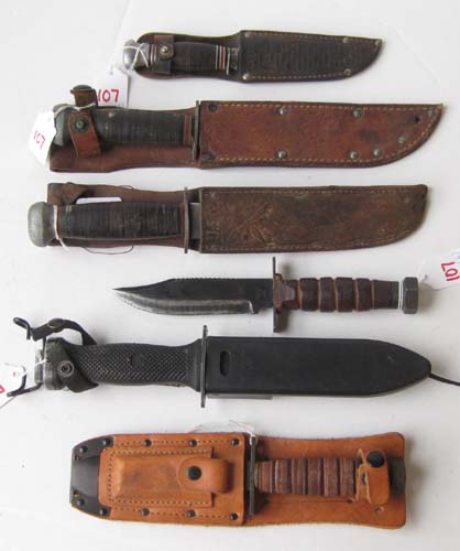 Appraisal: SIX COLLECTABLE FIXED BLADE KNIVES Remington RH- two PAL RH-