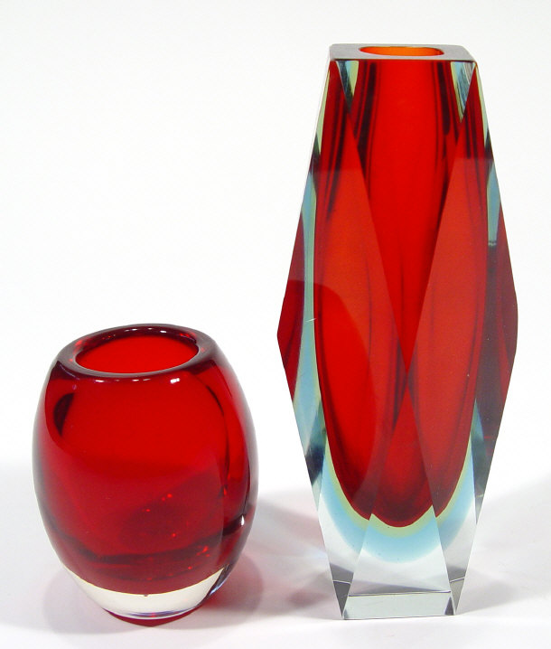 Appraisal: Red Whitefriars ovoid glass vase and a Murano geometric red