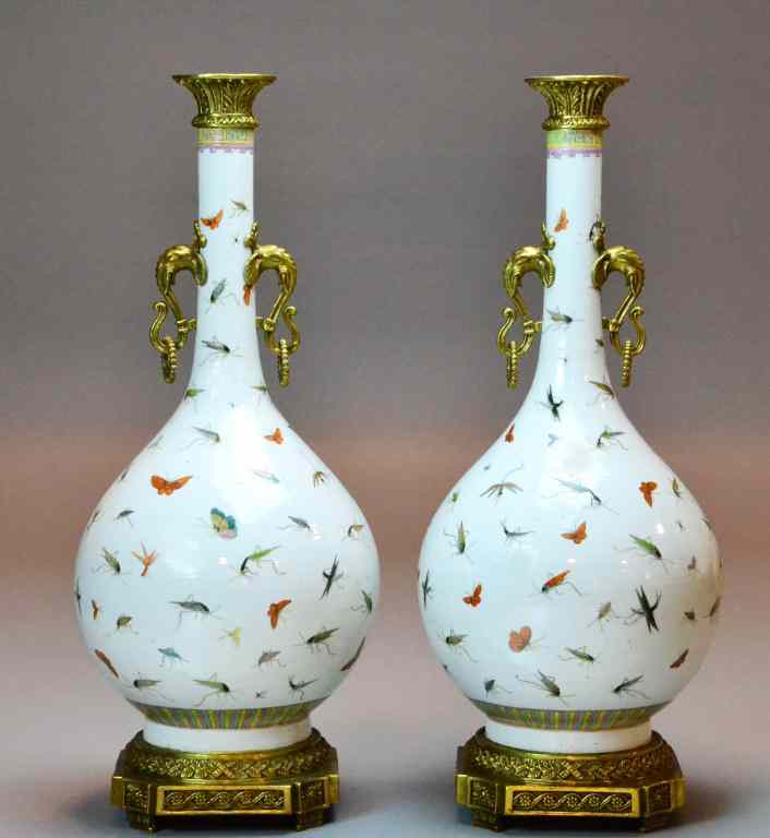 Appraisal: Pr Chinese Porcelain Vases With Bronze MountsFinely painted to depict