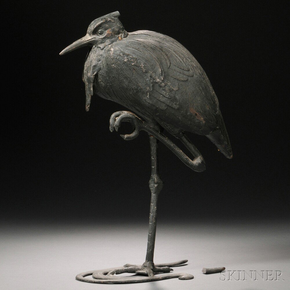 Appraisal: Iron Okimono of a Heron Japan th century modeled standing