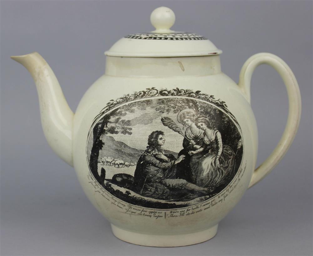 Appraisal: WEDGWOOD CREAMWARE TRANSFER-DECORATED LARGE TEAPOT AND COVER ca impressed uppercase