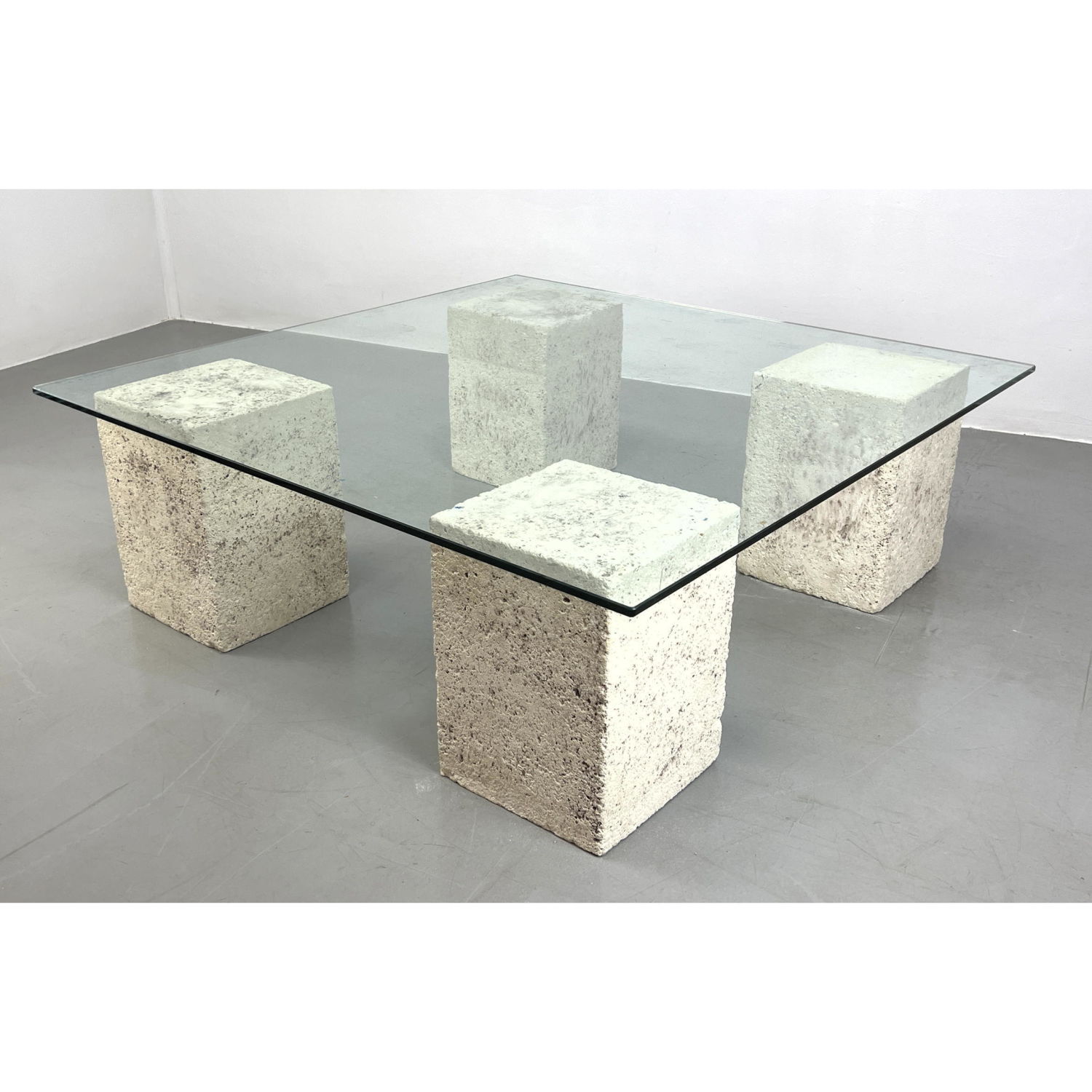 Appraisal: Coquina Stone Style Coffee Table Square Glass Top Large square