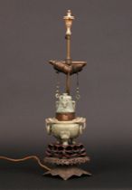 Appraisal: Carved Bowenite Lamp ca th Century Oriental lamp features a