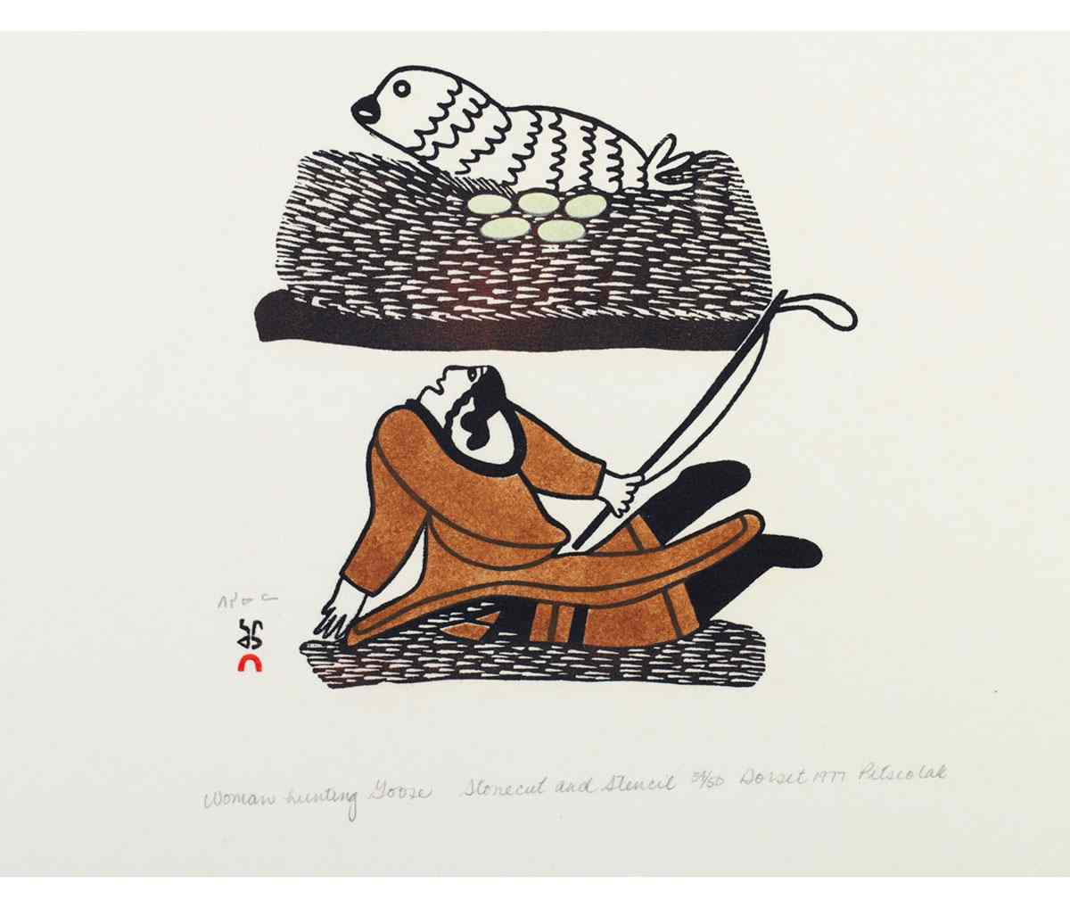 Appraisal: PITSEOLAK ASHOONA - E - Cape Dorset WOMAN HUNTING GOOSE