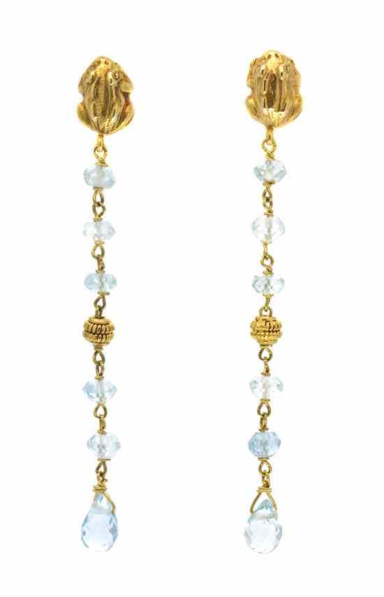 Appraisal: A Pair of Karat Yellow Gold and Aquamarine Frog Dangle