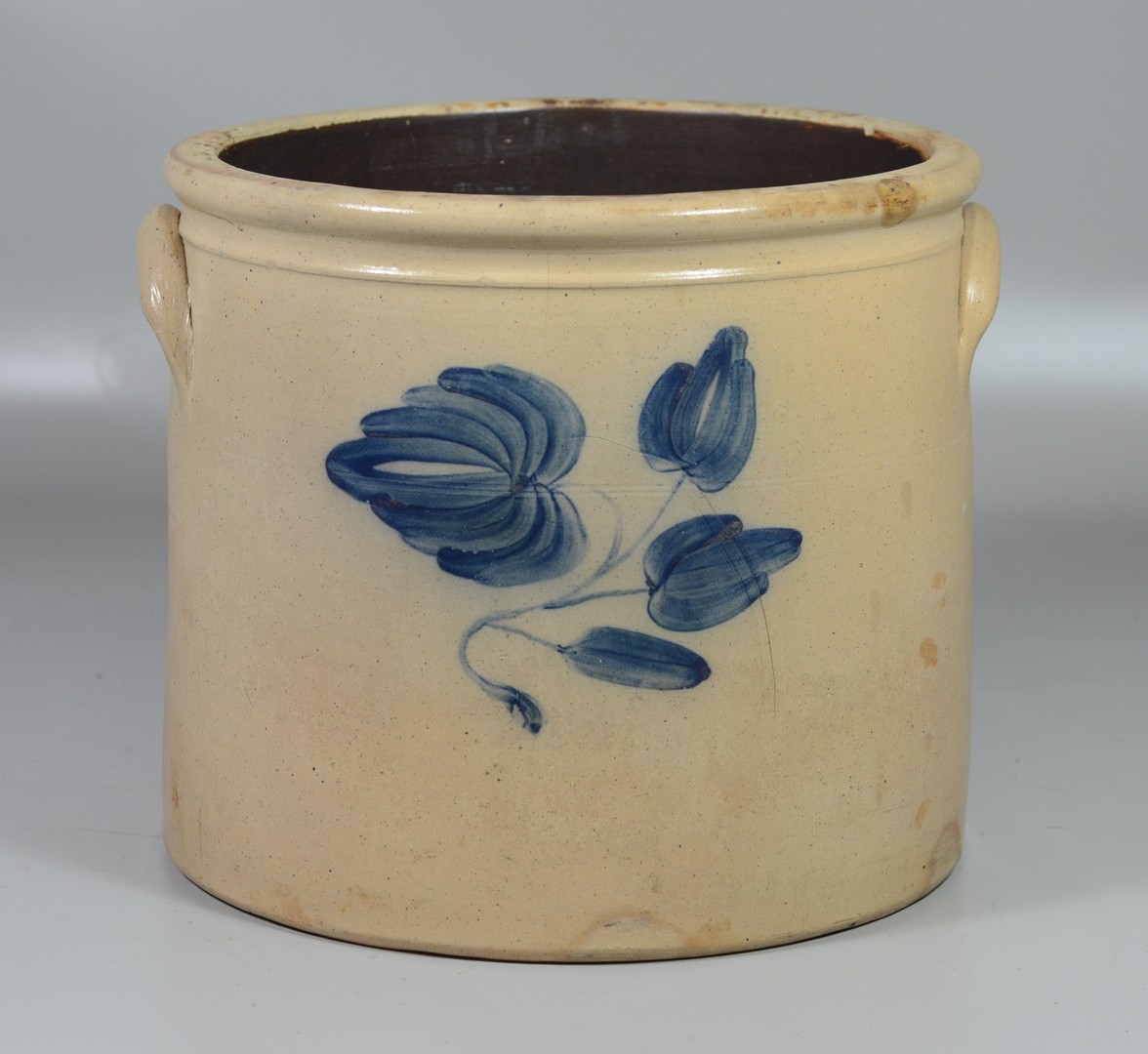 Appraisal: gallon blue floral decorated stoneware jar AJ Buttler Manufacturer New-Brunswick