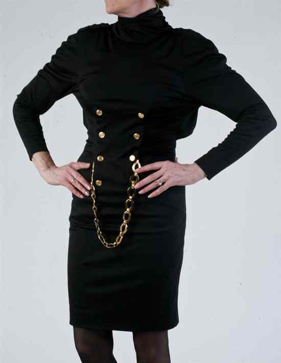 Appraisal: VINTAGE CHANEL BLACK WOOL DRESS WITH GOLD CHAIN AND BUTTONS