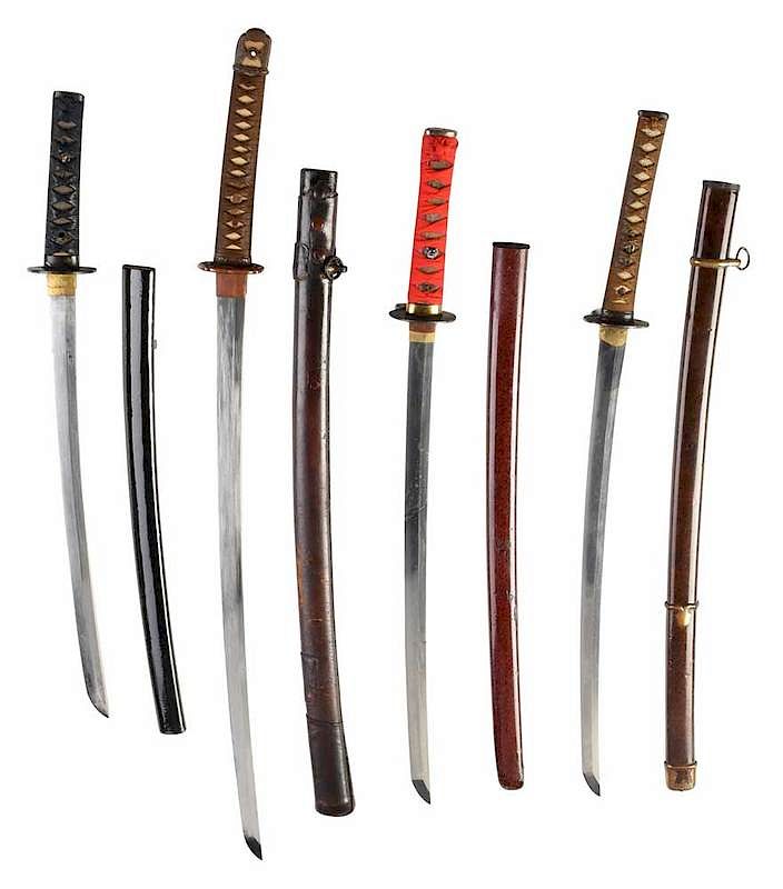 Appraisal: Four Katana Swords attributed Fujiwara Yoshisada shin-gunto mountings leather covered