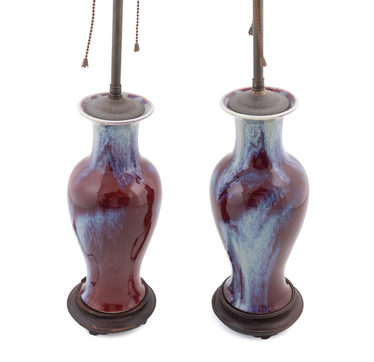 Appraisal: PAIR CHINESE FLAMBE GLAZE VASES MOUNTED AS LAMP Pair of