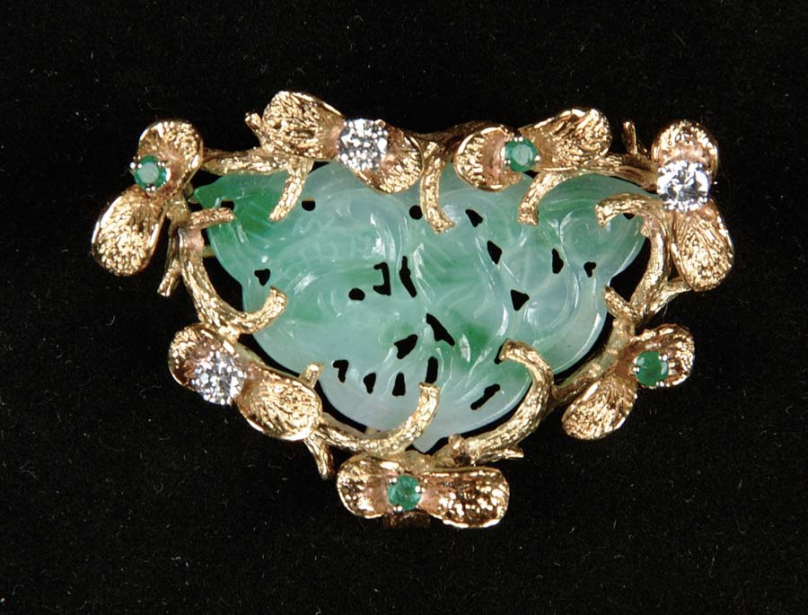 Appraisal: K DIAMOND EMERALD JADE BROOCH This custom crafted k yellow