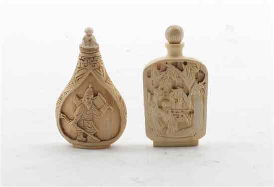 Appraisal: Two Chinese Carved Ivory Snuff Bottles one of cartouche form