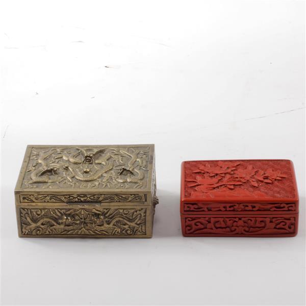 Appraisal: Two Chinese boxes Floral Cinnabar Box Sandalwood Lined Gilt Bronze