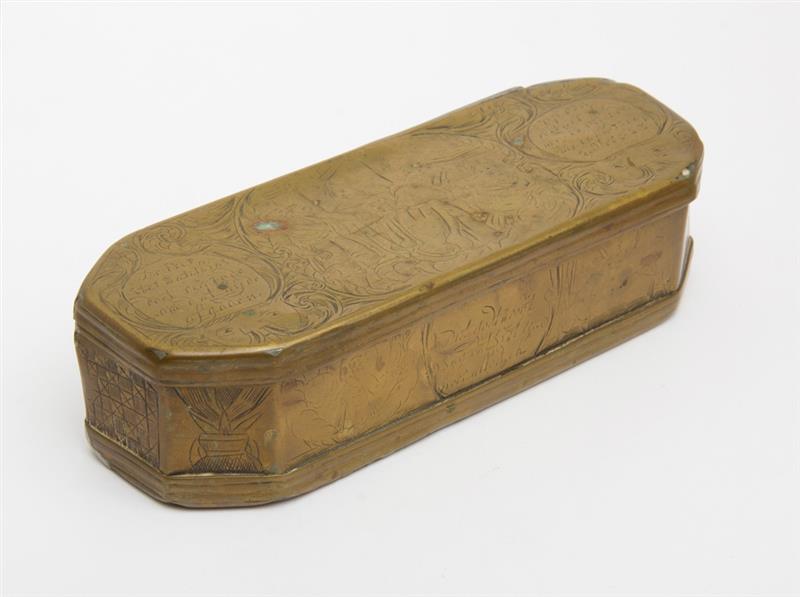 Appraisal: DUTCH ENGRAVED BRASS TOBACCO BOX With figural scenes spaced by