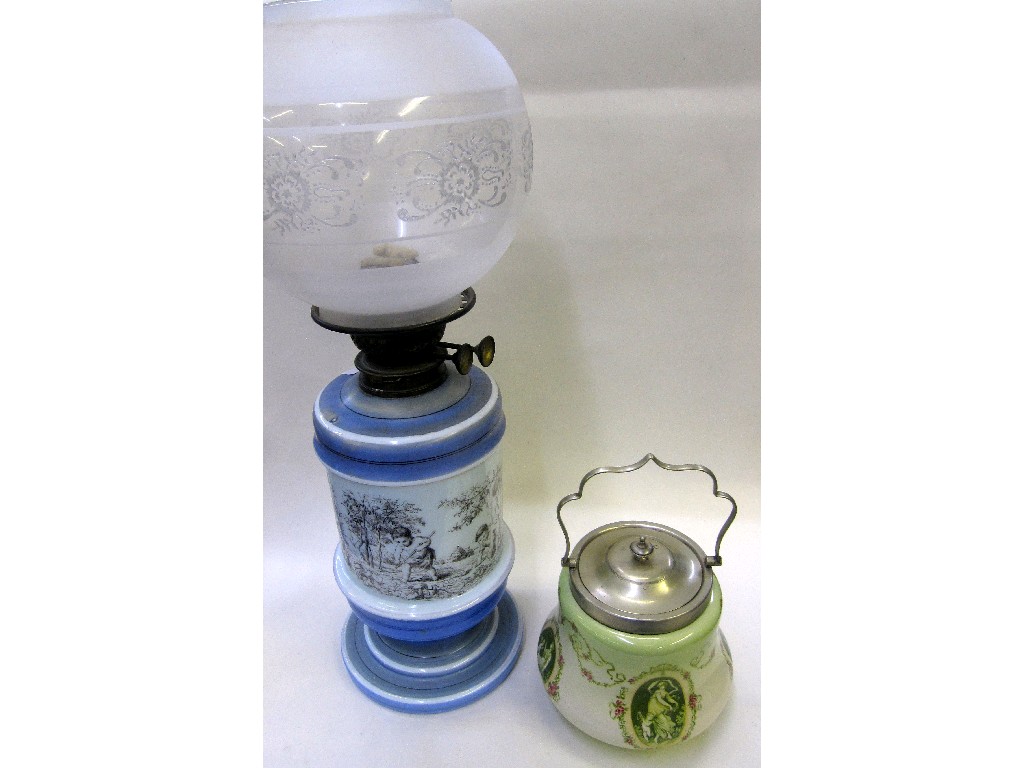 Appraisal: Glass based paraffin lamp decorated with scenes of children fruit