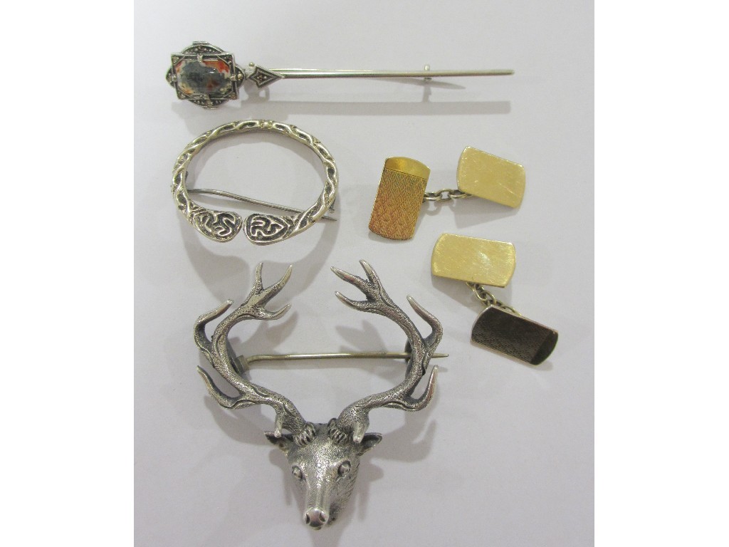 Appraisal: Lot comprising stags head brooch moss agate set silver stick