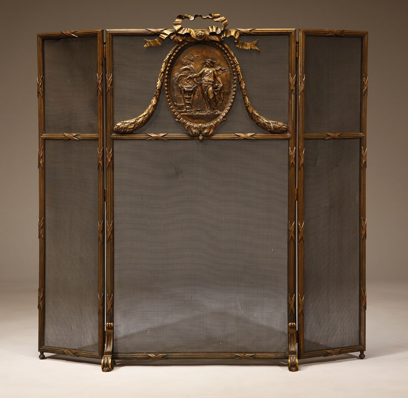 Appraisal: A Louis XVI style bronze three panel fire screen A