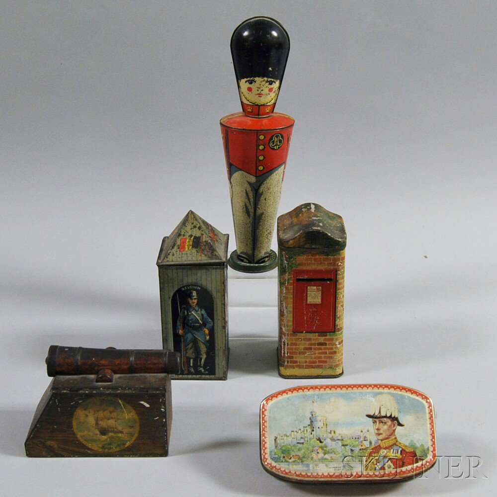 Appraisal: Five Military-related Tins including a soldier-form Lyon Assorted Toffieskotch tin