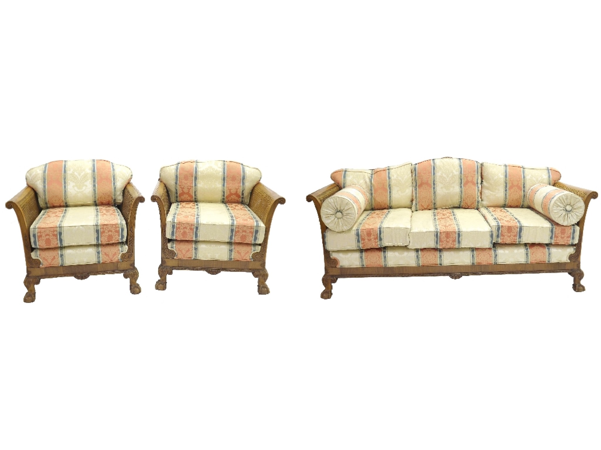 Appraisal: Three piece bergere walnut suite with striped damask upholstery the