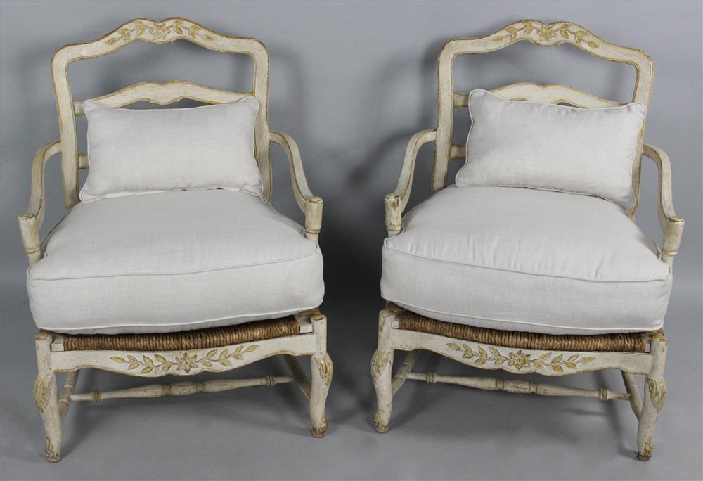 Appraisal: PAIR OF LARGE FRENCH COUNTRY STYLE CHAIRS WITH CUSHIONS shaped