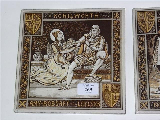 Appraisal: THREE MINTON TILES brown and gold depicting scenes from Walter