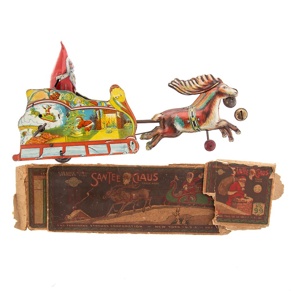 Appraisal: Strauss Lithographed Santee Claus Windup Sleigh circa s colorful lithographed