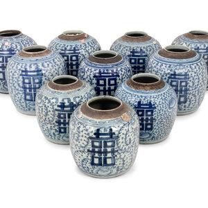 Appraisal: Chinese Blue and White Porcelain 'Double Happiness' Jars th th