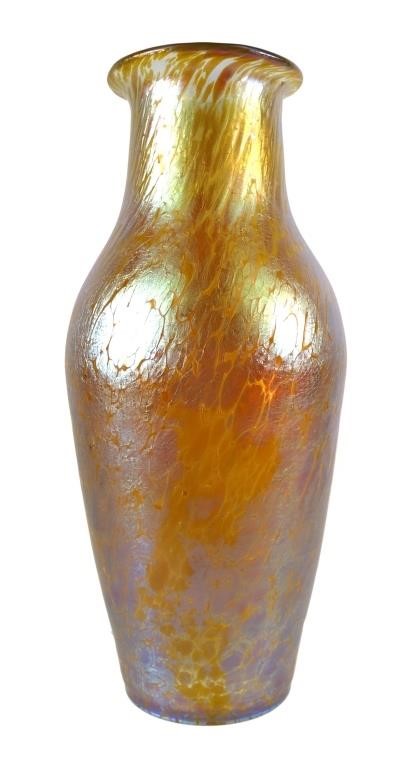 Appraisal: Tall yellow candia papillon glass vase with iridescent surface no