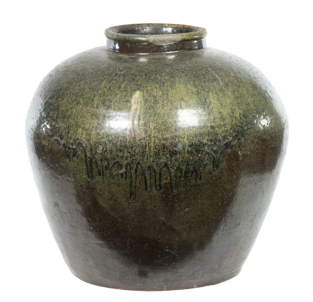 Appraisal: LARGE CHINESE HANZHOU POTTERY WATER STORAGE JAR Heavy Speckled Green