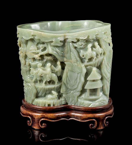 Appraisal: A Large Carved Celadon Jade Brushpot Bitong Height inches A