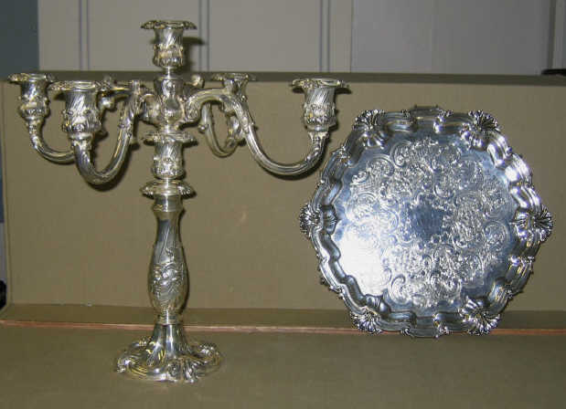 Appraisal: AMERICAN PLATED SILVER CANDELABRUM AND SALVER Reed Barton five-arm candelabrum