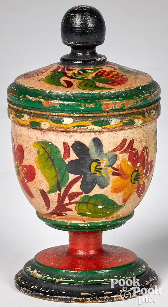 Appraisal: Joseph Lehn turned and painted lidded saffron cup Joseph Lehn