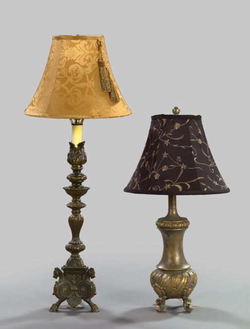 Appraisal: Two Dale Tiffany Antique-Gilded Brass Candlestick Lamps the first a