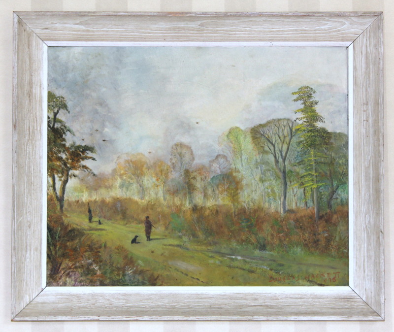 Appraisal: Douglas Hackett Landscape with figures shooting oil on canvas cm