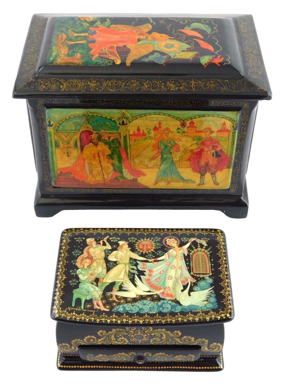 Appraisal: Russian hand-painted lacquer boxes group of two lift-top boxes with