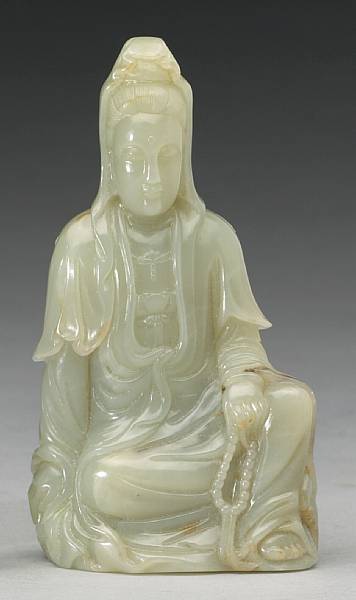 Appraisal: A pale green jade carving of Guanyin Late Qing Republic