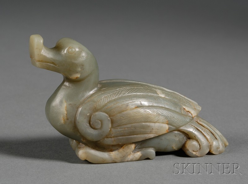 Appraisal: Jade Duck China th century dark celadon green color lg