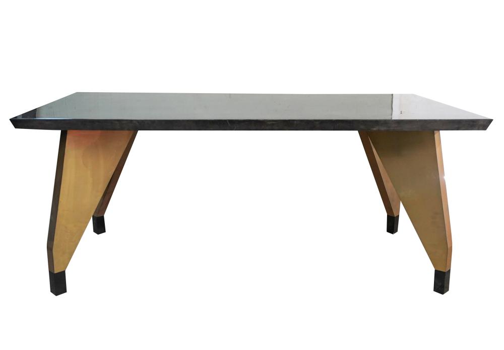 Appraisal: MODERNIST TRYST DINING TABLEbrass and lacquered goatskin inches wide inches