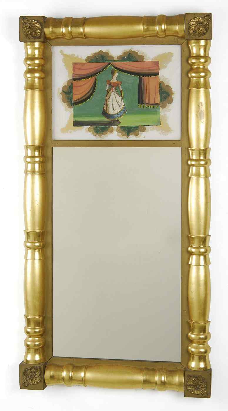 Appraisal: ANTIQUE AMERICAN SHERATON TWO-PART ACTRESS MIRROR th CenturyRe-gilt Reverse-painted upper