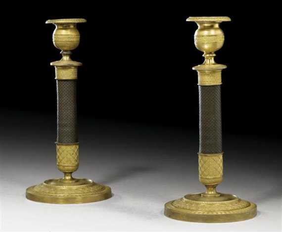 Appraisal: PAIR OF BRONZE CANDLE HOLDERS Restauration Paris circa Matte and