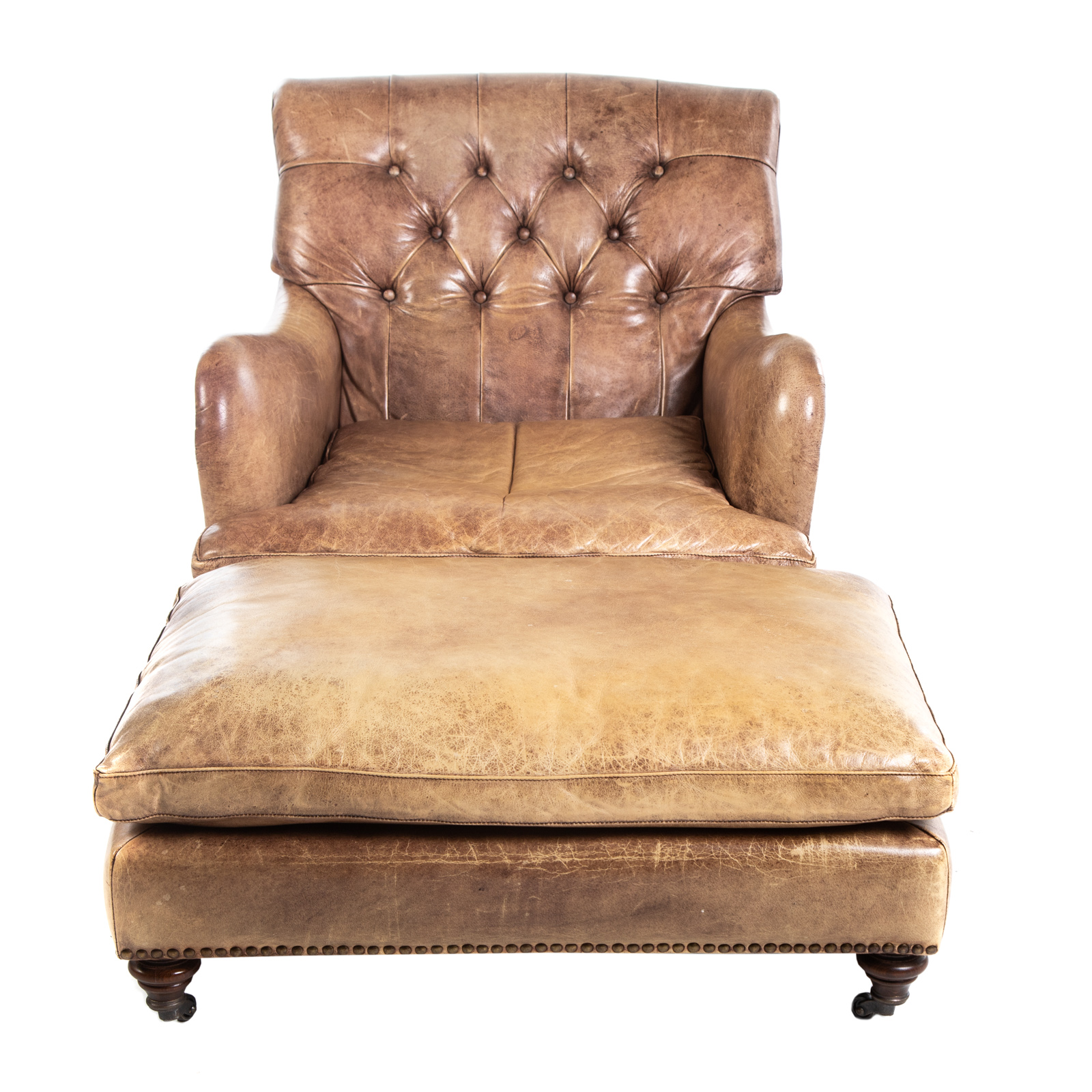 Appraisal: EICHHOLTZ DISTRESSED LEATHER CHAIR OTTOMAN th century with tufted back