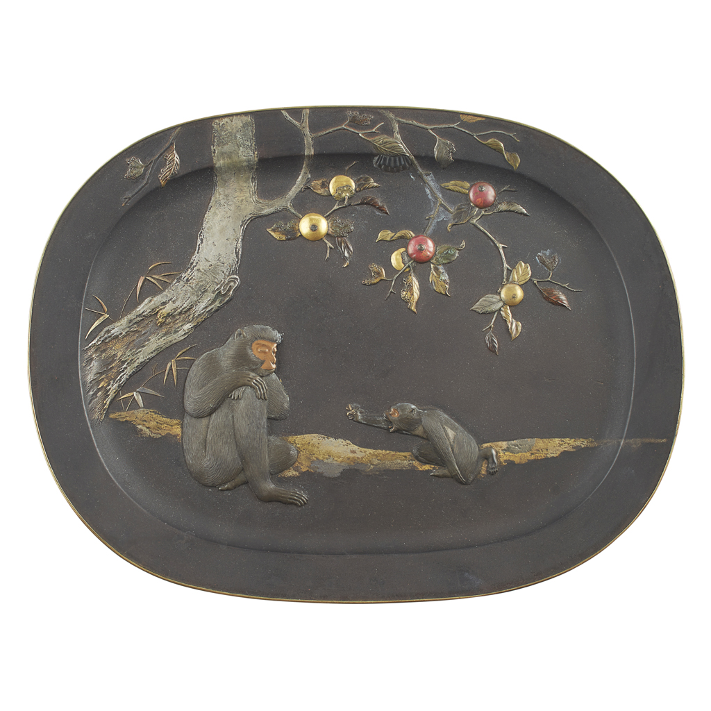 Appraisal: MIXED-METAL INLAID BRONZE 'MONKEY' TRAY MEIJI PERIOD the interior finely