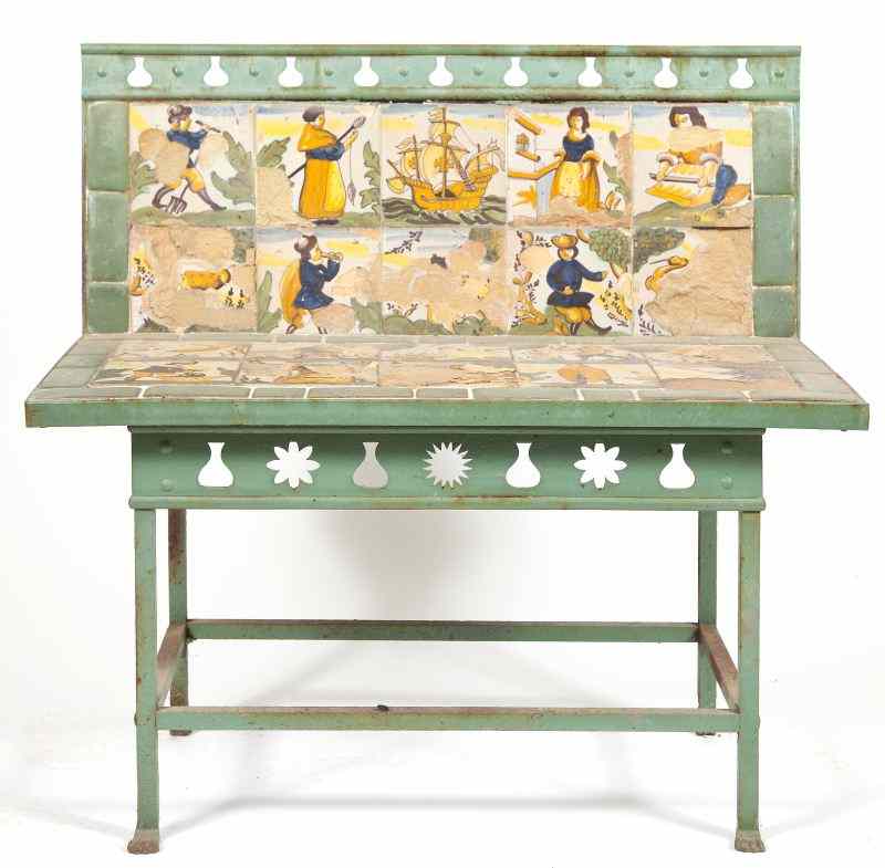 Appraisal: Italian Tile Garden Benchcast iron figural pattern with painted tiles