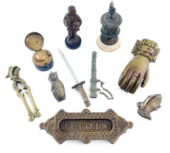 Appraisal: Desk and house accessories nine pieces two inkwells one with