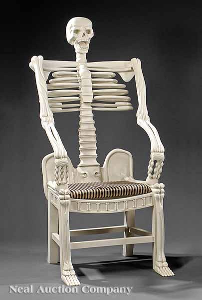 Appraisal: A White Painted Memento Mori Fantasy Armchair seated human skeleton