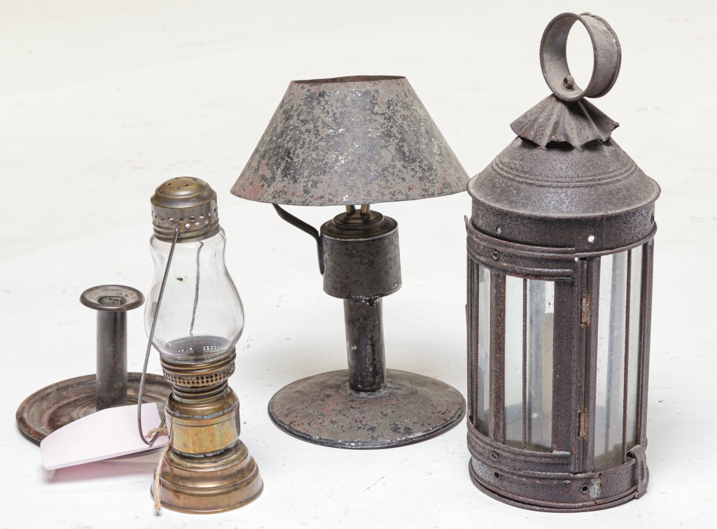 Appraisal: FOUR PIECES OF AMERICAN LIGHTING Nineteenth century Three tin Round