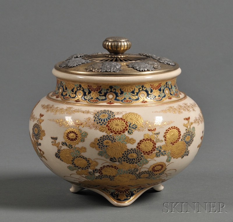 Appraisal: Satsuma Censer Japan th century design of chrysanthemums in gosu-blue