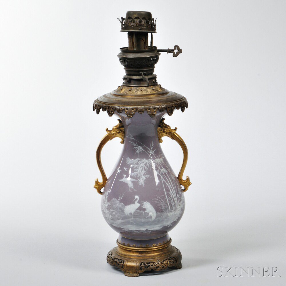 Appraisal: Porcelain Pate-sur-Pate Lamp France late th century bulbous body with